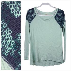 Roxy Boho Waffle Knit Thermal Mint Green Floral Top Medium Coastal Surfer Girl